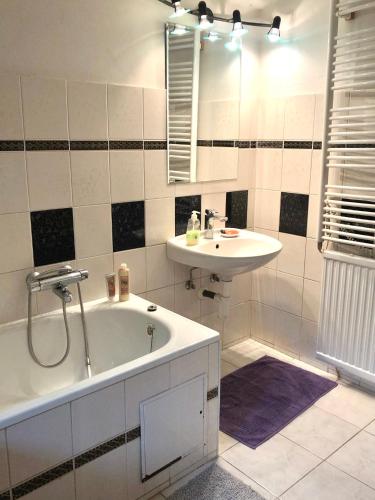 a bathroom with a sink and a tub and a mirror at Chalupa pod Milesovkou in Milešov