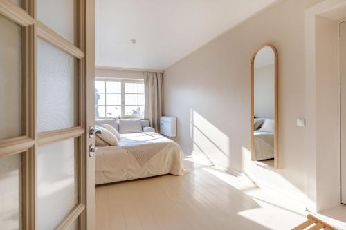 a bedroom with a bed and a mirror at Nidos Banga in Nida