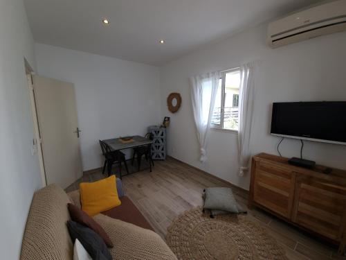 a living room with a couch and a flat screen tv at La Terrasse des manguiers in Saint-Denis
