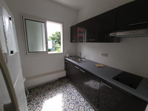 uma pequena cozinha com um lavatório e uma janela em La Terrasse des manguiers em Saint-Denis