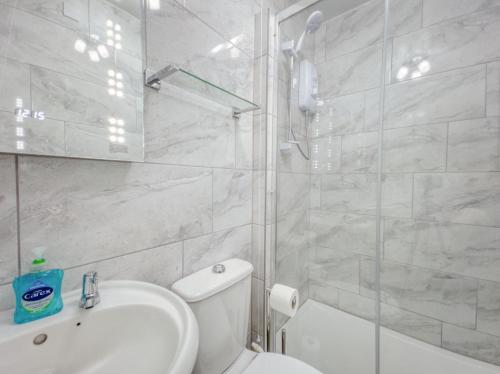 a bathroom with a shower and a toilet and a sink at Apartment 7 - 1 bedroom Sea front location - Step free access from rear - Free Parking in Paignton