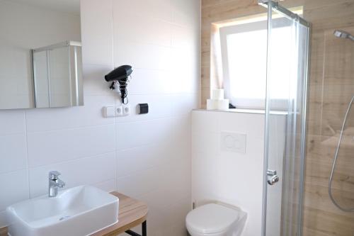 een badkamer met een toilet, een wastafel en een douche bij Apartmánový dům na kolonádě in Lednice