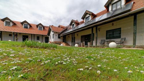 a group of buildings with a field of flowers at Kosbor Panzió in Magyarszombatfa