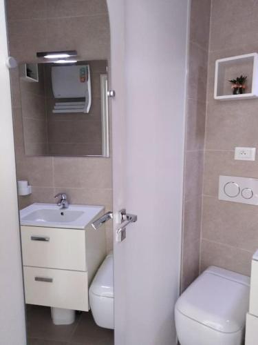 une salle de bain avec un lavabo, des toilettes et un miroir dans l'établissement Les Delphes, Très beau 2P proche mer et Monaco, à Menton