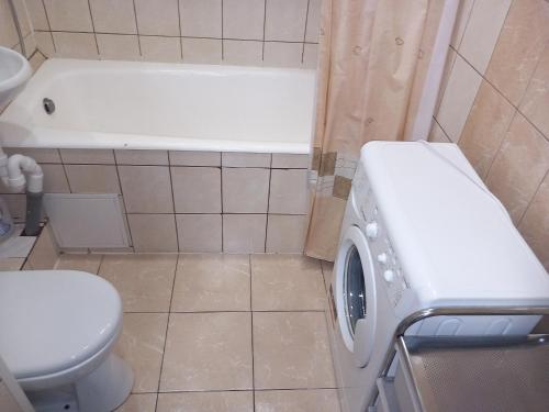 a bathroom with a toilet and a washing machine at Sunny Ventspils 21 in Ventspils