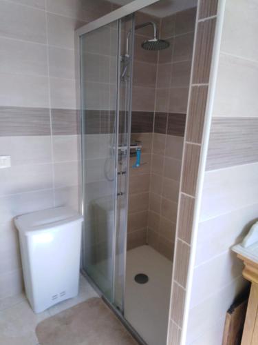 La salle de bains est pourvue d'une douche en verre et de toilettes. dans l'établissement Chambre à la campagne, à Hattenville