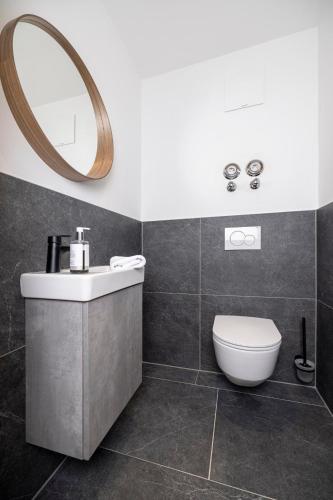 a bathroom with a sink and a toilet and a mirror at Apartments Austria in Söll