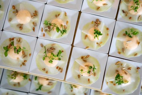 a bunch of dumplings with greens on top of them at Skanderborg Park in Skanderborg