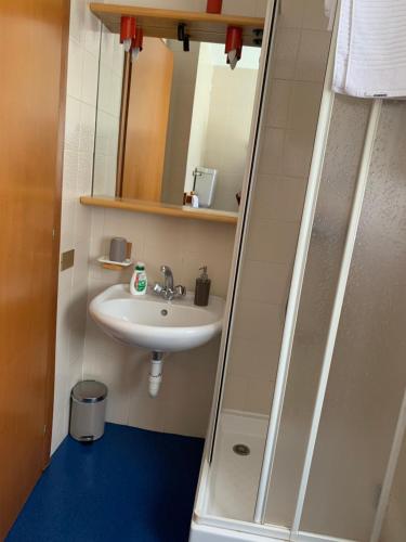 a bathroom with a sink and a shower with a mirror at Casa Porrone in Passo del Tonale