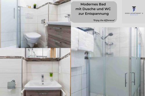 e bagno con servizi igienici, lavandino e doccia. di Ferienwohnung EDEN Apartment´s Vinum a Friedrichshafen