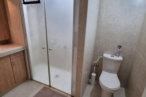 a bathroom with a shower and a toilet at Havakouk Beach apartment in Tel Aviv