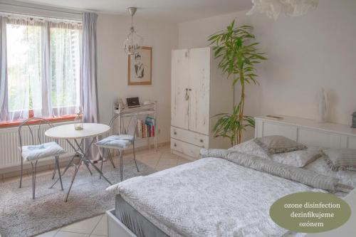una camera con letto, tavolo e pianta di Villa Letná a Brandýs nad Labem-Stará Boleslav