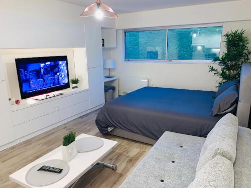 a bedroom with a bed and a couch and a tv at Studio confortable in Deauville