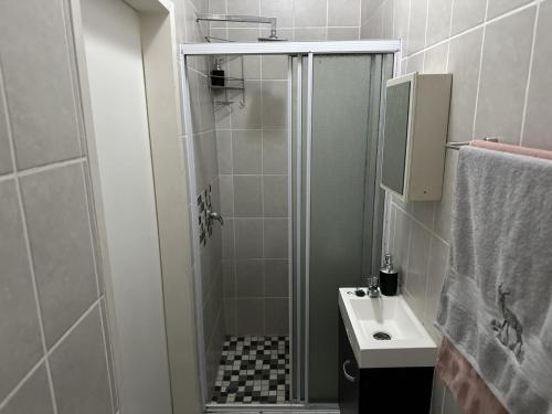 a small bathroom with a shower and a sink at Luxury and Comfort Hideaway 2 - Solar Powered in Pretoria
