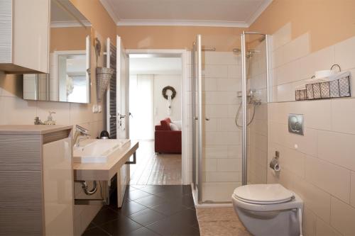 a bathroom with a shower and a toilet and a sink at Kleines Glück in Willingen &MeineCardPlus in Willingen