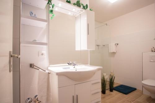 La salle de bains blanche est pourvue d'un lavabo et de toilettes. dans l'établissement Am Bergelchen 60-B, Winterberg-Niedersfeld, à Winterberg