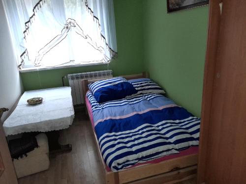 ein kleines Schlafzimmer mit einem Bett und einem Fenster in der Unterkunft Noclegi u Barbary in Nasiczne