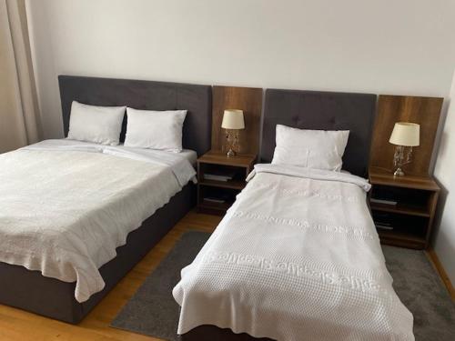 a bedroom with two beds and two night stands at Vila De la Lugas in Oradea