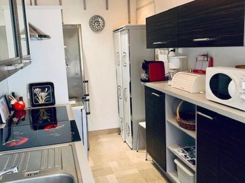 une cuisine avec un évier et un micro-ondes dans l'établissement Charmant F2 avec terrasse, parking, et WiFi - à 600m des thermes d'Amélie-les-Bains - FR-1-703-129, à Amélie-les-Bains-Palalda