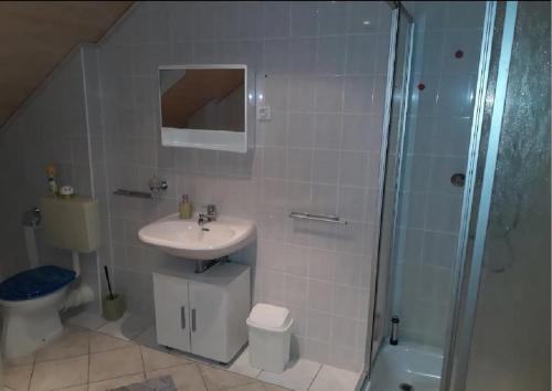 a bathroom with a sink and a shower and a toilet at Schöne 3,5 Zimmerwohnung in Peitz