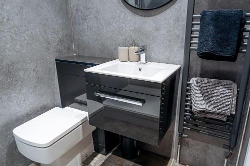 La salle de bains est pourvue d'un lavabo blanc et de toilettes. dans l'établissement Beach Seaside Apartment sleeps 4 Lytham St Annes, à Lytham St Annes