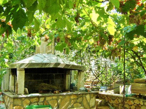 a stone fireplace in a garden under a tree at Beleri House in Himare