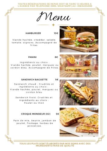 une page d'un menu avec une photo de la nourriture dans l'établissement Cosy house, à Le Petit-Quevilly