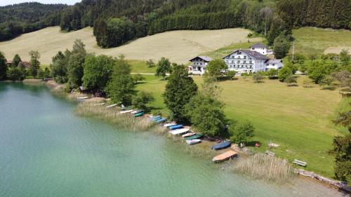 a group of boats are lined up on the shore of a river at Hotel Garni Dorferwirt in Tiefgraben