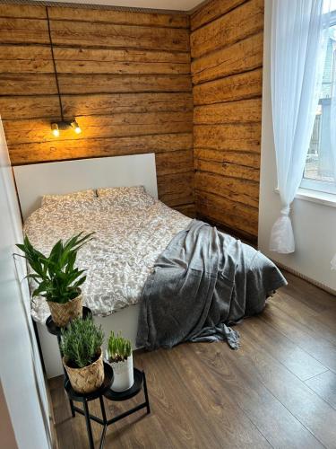 a bedroom with a bed with wooden walls and potted plants at Kreutzwaldi kodu in Võru