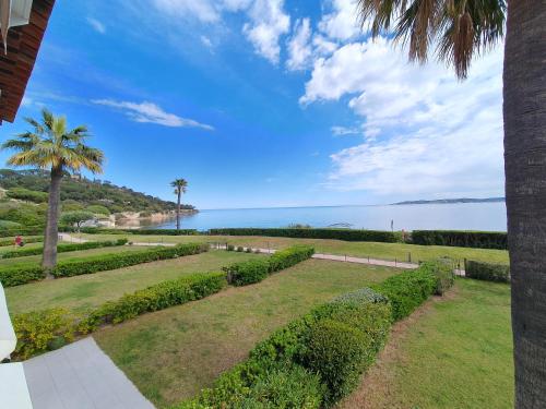 a view of a park with palm trees and the water at Etoile d'Azur in Sainte-Maxime
