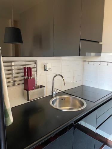 - une cuisine avec un évier et un comptoir noir dans l'établissement VIA BRASCHI SESSANTASEI, à Cesena
