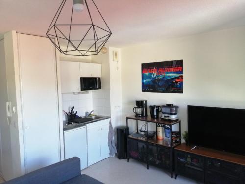 Il comprend un salon avec une télévision et une cuisine. dans l'établissement Studio meublé 30m2 avec terrasse, à Rouen