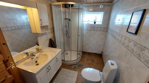 a bathroom with a shower and a sink and a toilet at Holiday home on Senja in Grashopen