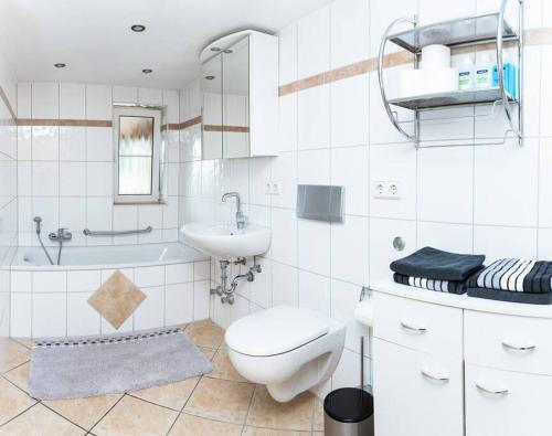 a white bathroom with a toilet and a sink at Naturidyl Schneckenbuch in Weißensberg