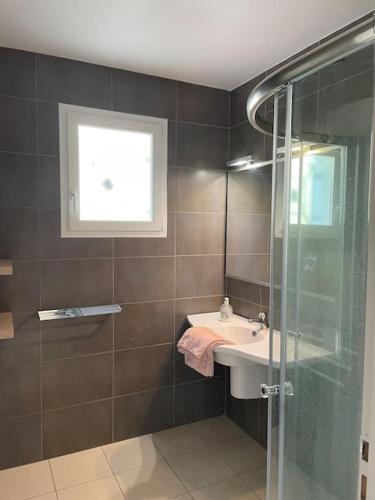 une salle de bain avec un lavabo et une douche en verre dans l'établissement Salvezines Villa, à Salvezines