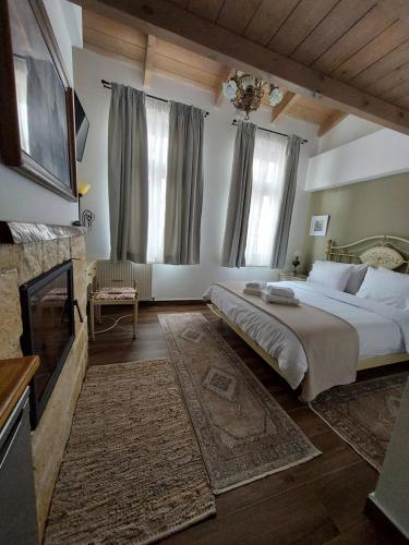 a bedroom with a large bed and a fireplace at VIRSA BOUTIQUE ROOMS in Ioannina