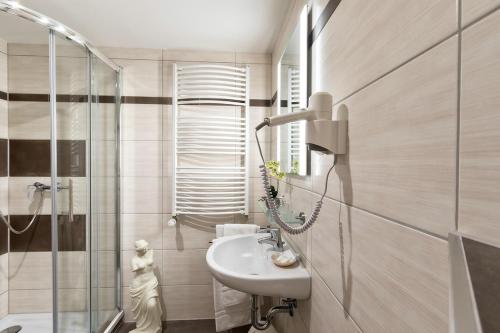 a bathroom with a sink and a shower at Hubertus Hof in Goslar