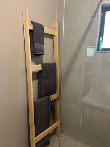 a wooden towel rack in a bathroom with a shower at Dennegeur Guesthouse in Somerset East