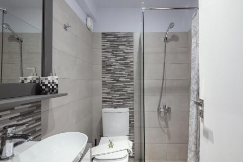 uma casa de banho com um chuveiro, um WC e um lavatório. em Green View Studios & Apartments em Dhamnóni