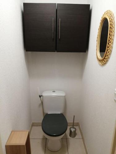 La salle de bains est pourvue de toilettes et d'une armoire noire. dans l'établissement Le soleil d Eugènie appartement dans résidence avec Piscine commune près de Carcassonne, à Olonzac