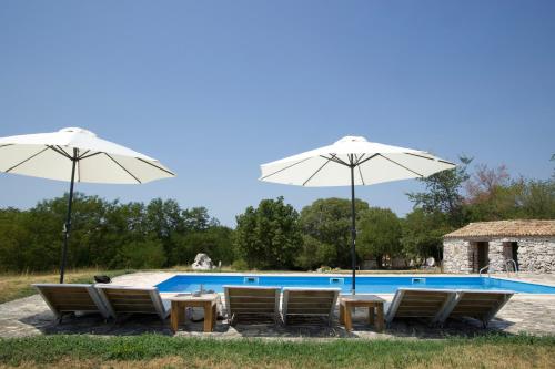 una piscina con sillas y sombrillas en At Home In Istria- Villa Stancia Cicada, en Žminj
