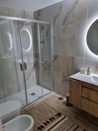 La salle de bains est pourvue d'une douche, de toilettes et d'un lavabo. dans l'établissement Blue Beach Apartment - Caminhos de Santiago-Airport, à Praia de Angeiras