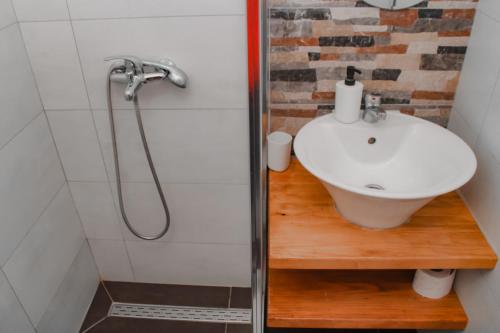 a bathroom with a sink and a shower at Holiday Home Tunnel Ravne in Visoko