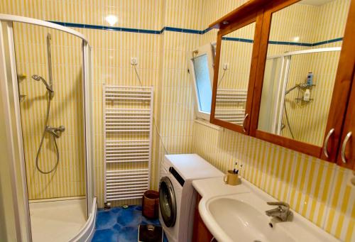 y baño con lavabo, ducha y lavadora. en Luxury view Apartman, en Budapest