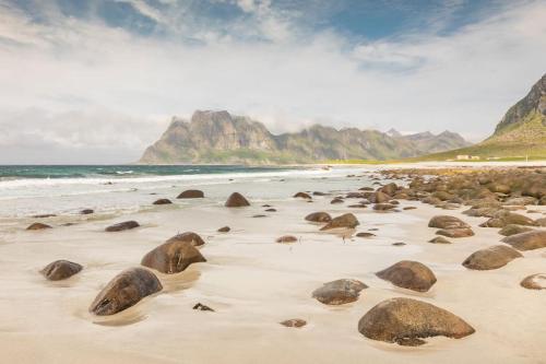 a beach with rocks in the sand and the ocean at Charming house in fjord Lofoten 