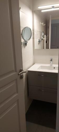 une salle de bain avec un lavabo et un miroir dans l'établissement Résidence les rivages de la coudouliere, à Six-Fours-les-Plages