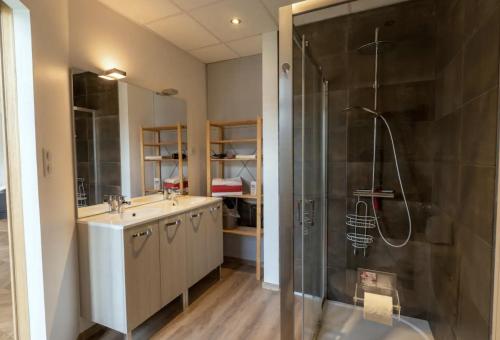 uma casa de banho com um chuveiro e um lavatório. em Résidence Harmonie Appartement N 1 Haut de gamme Avec Petit Déjeuner em Néris-les-Bains