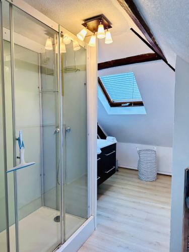 La salle de bains est pourvue d'une douche en verre et d'un plafond. dans l'établissement LA CABANE NORMANDE APPARTEMENT 2 à 4 pers, à Dieppe