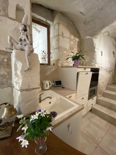 a kitchen with a dog sitting on the ledge of a wall at Le Manoir des Roches in Bourré
