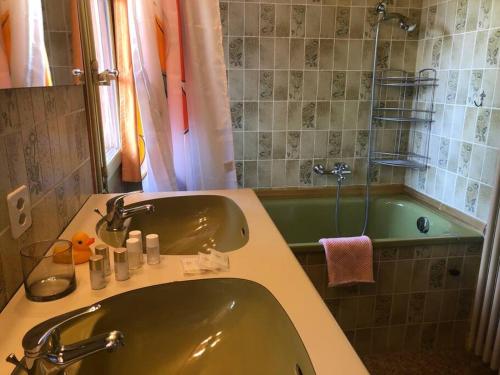 a bathroom with a sink and a bath tub at Cosy Traditional Swiss Chalet in Wengen